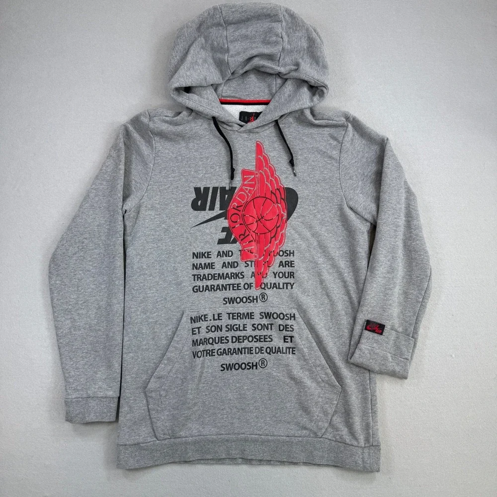 Nike Air Jordan Hoodie Mens Medium Gray Wings Swoosh Graphic Pullover Jumpman